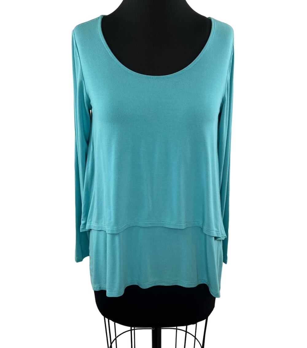 Soft Surroundings Blue S Tiered Top Scoop Neck Long Sleeves Split Back Pullover